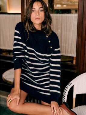 Sezane Navy and White Striped Tessa Sweater Dress